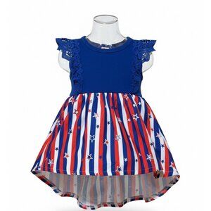 Girls Patriotic Red White Blue Star Dress Size 12–18M Lace Sleeve Fourth Of July